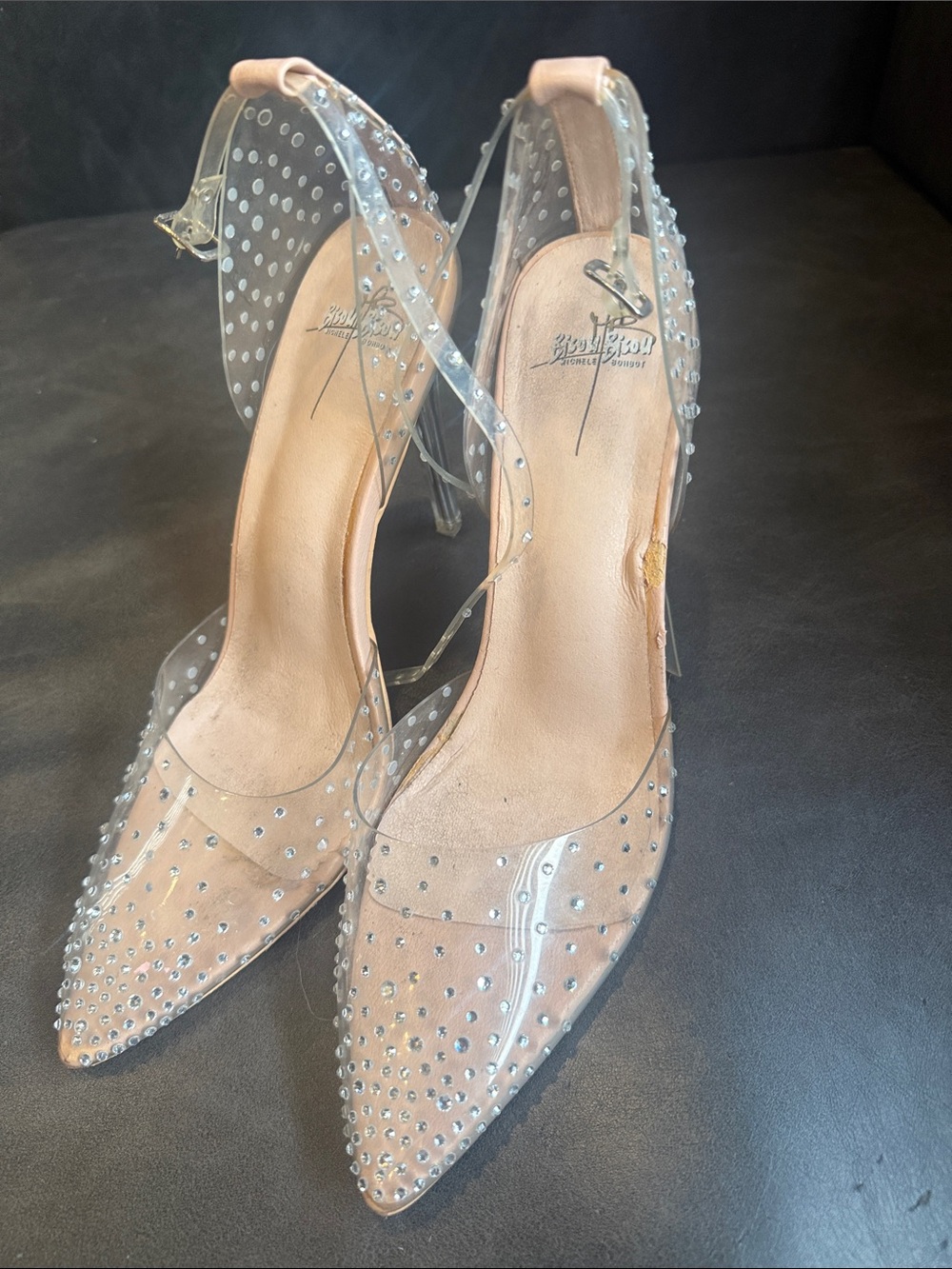 Bisou Bisou Clear PVC Pointed Slingback Heels with Nude Insole and Rhinestones